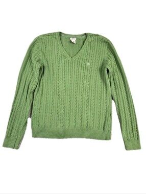 Izod Cable Knit Sweater Green V Neck Embroidered Logo Y2k XL Cotton Preppy Ivy